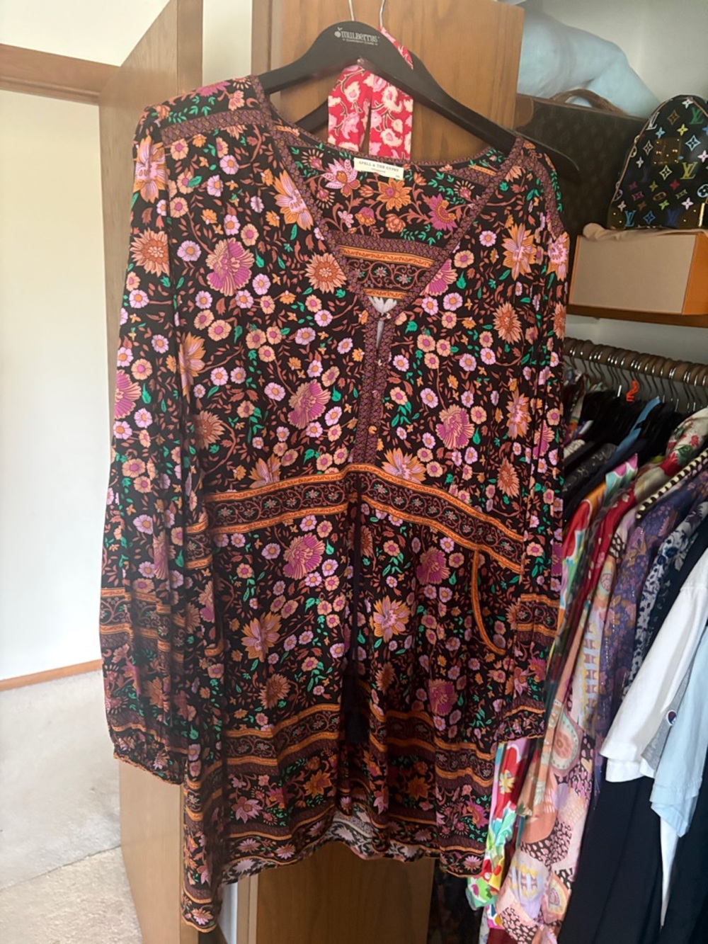 Spell Bohemian Floral Long Sleeve Dress - Black and Pink
